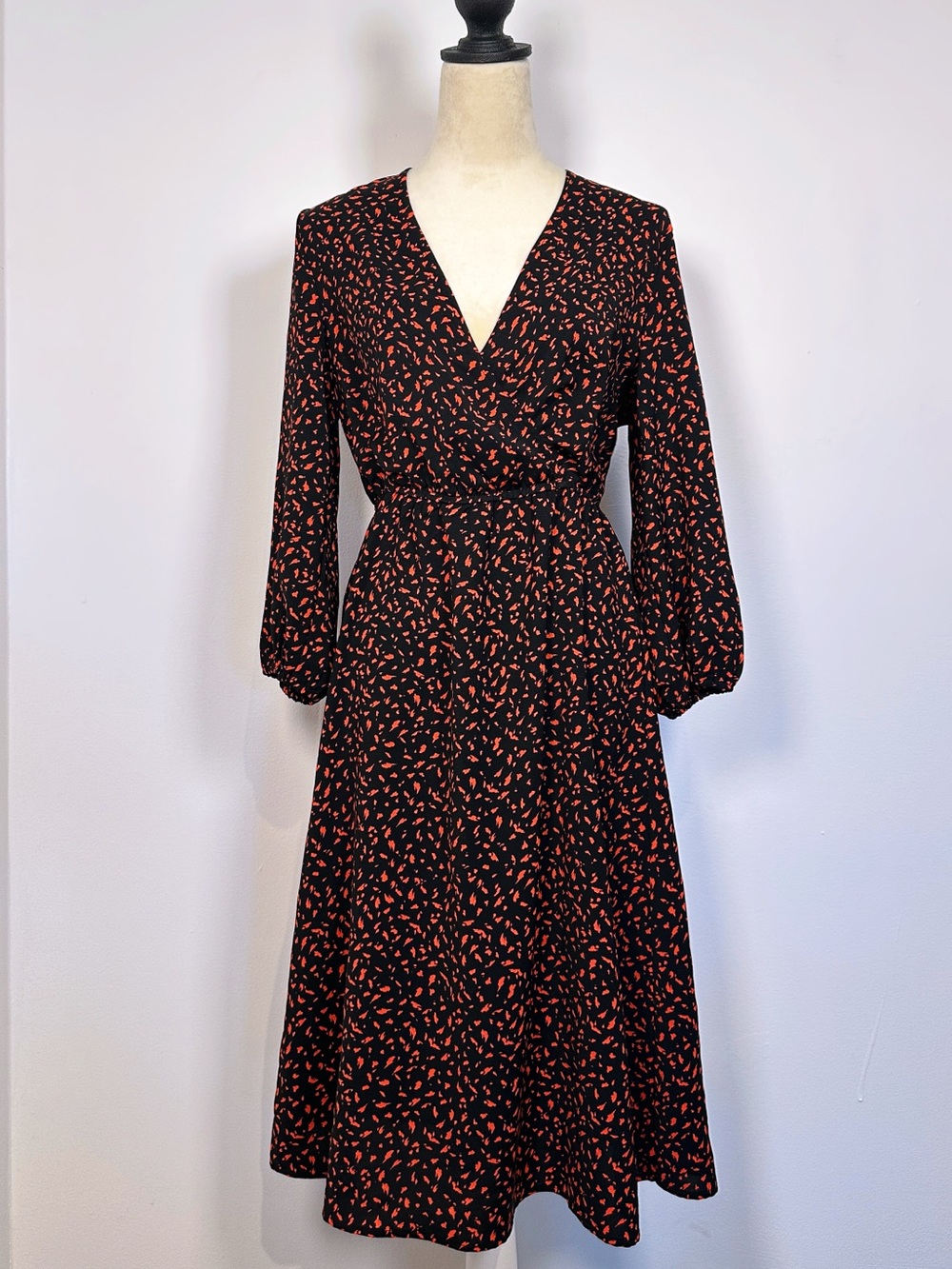 French Style Wrap Midi Dress in Black & Red Print